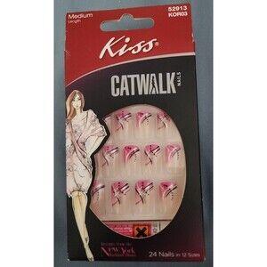 Kiss Catwalk Nails Medium Length Pink & Silver Black Design Nail Kit KOR03 BNIB